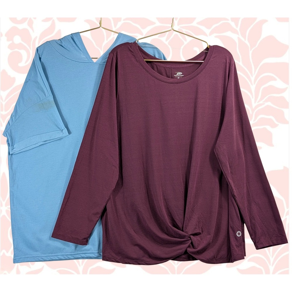 Pro Player Womens Set 2X Blue Hoodie Tunic Burgundy Twist Front Long Sleeve Top